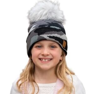 Panache Kids grey camo knit hat with pom accent